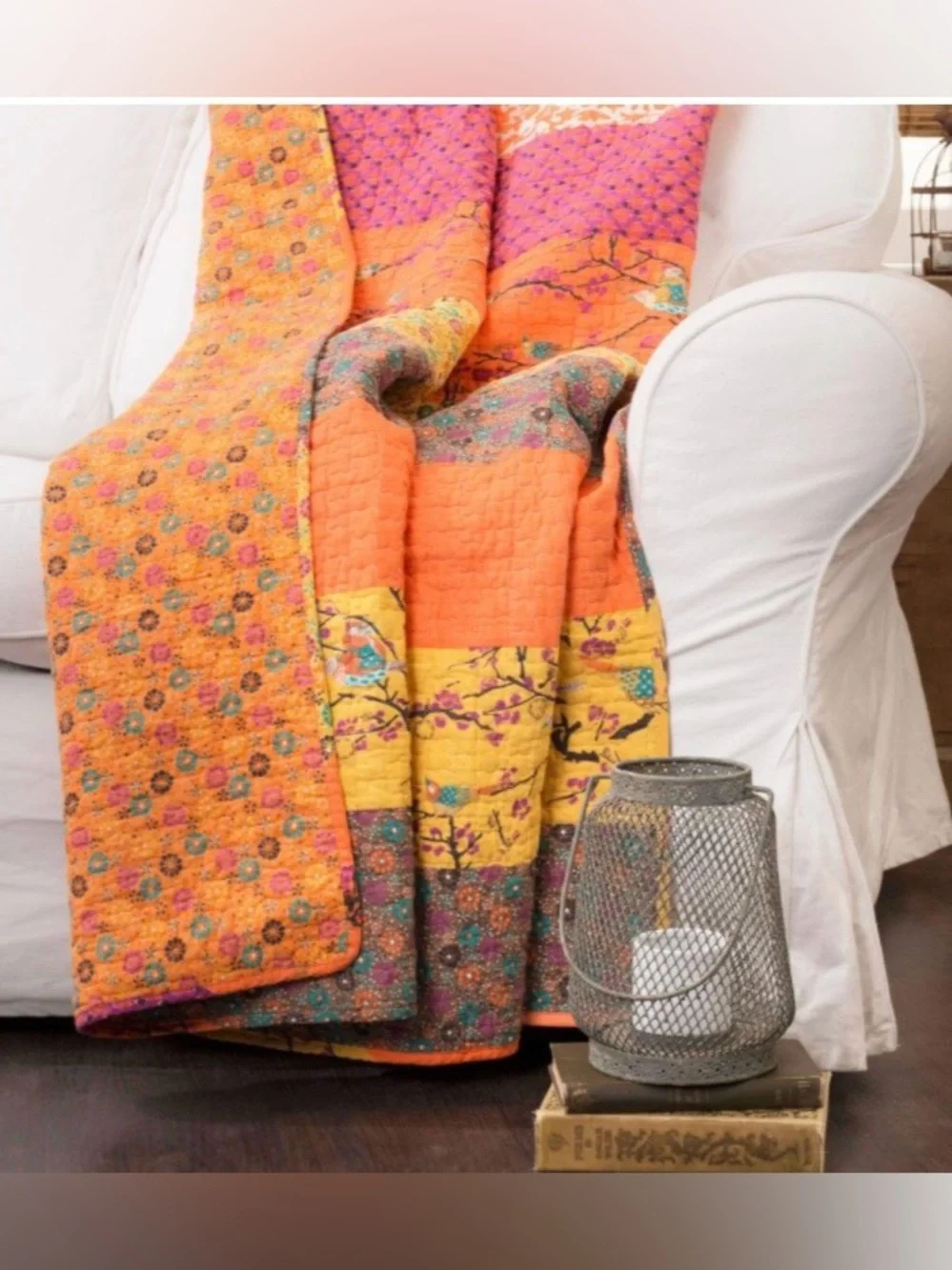 Colorful Boho Floral Throw Blanket 100% Cotton - TANGERINE